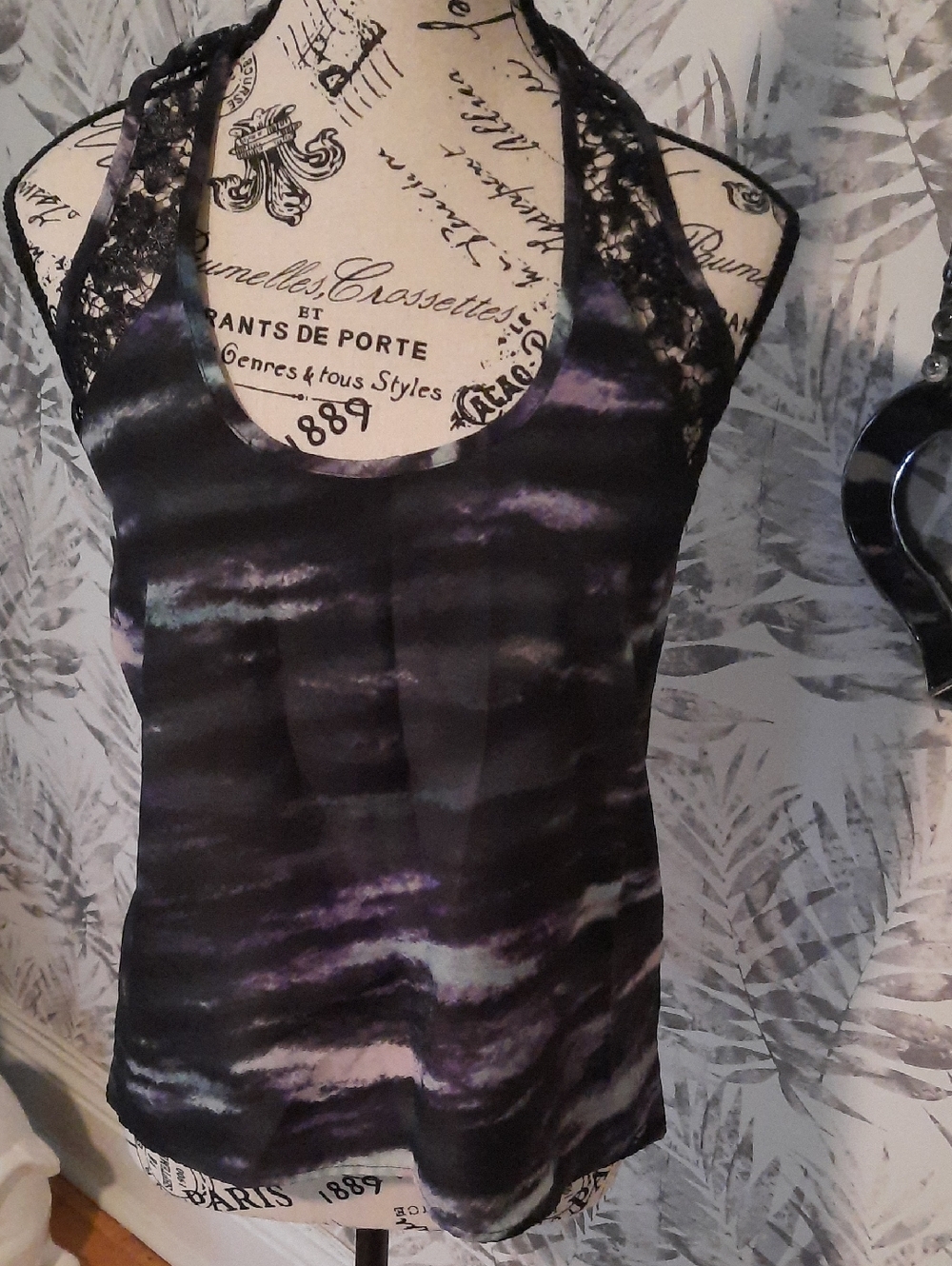 Guess Black Lace-Trim Tank with Purple Accents